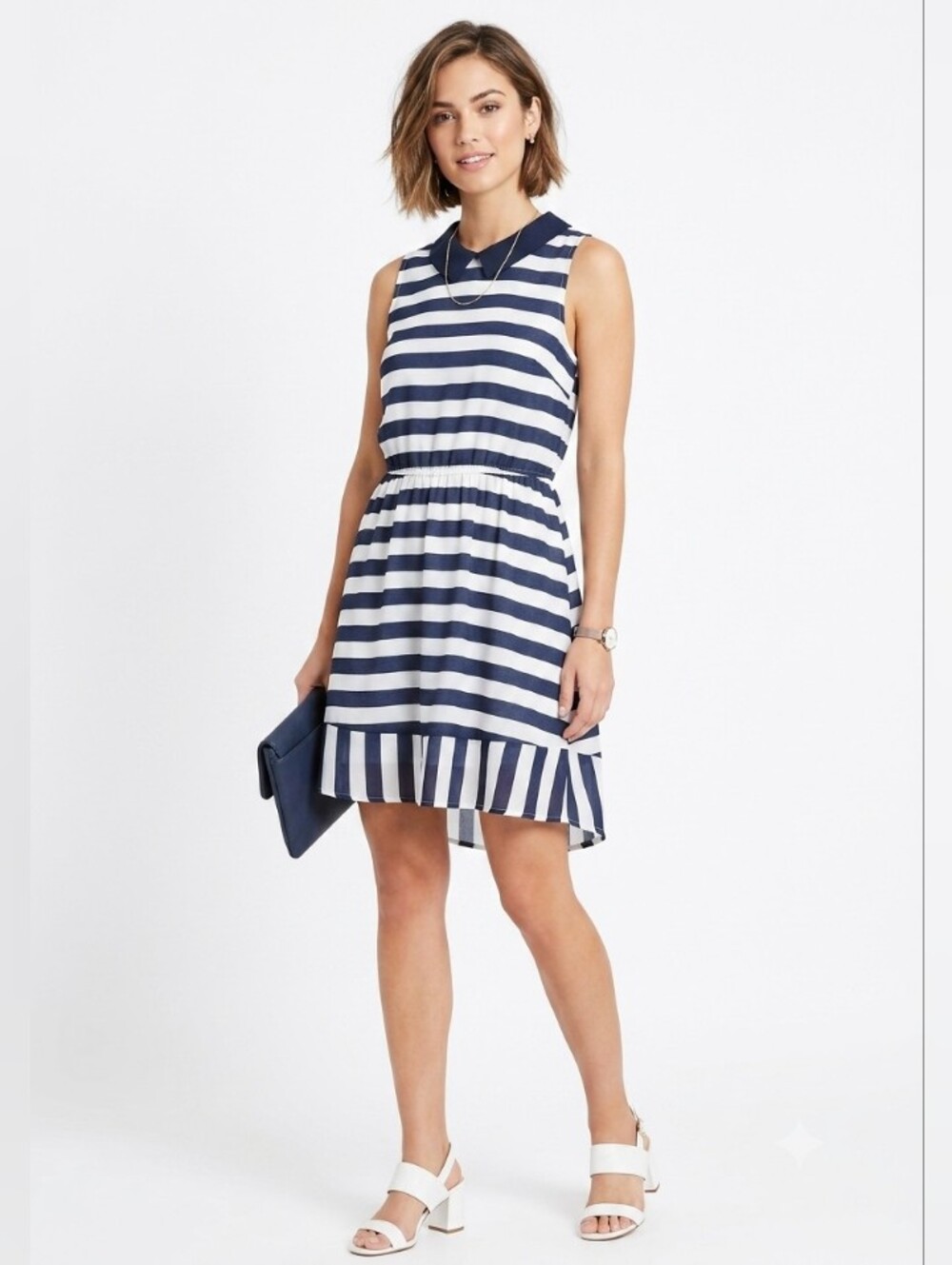 Monteau Striped Sleeveless Dress with Navy Chambray Peter Pan Collar Small